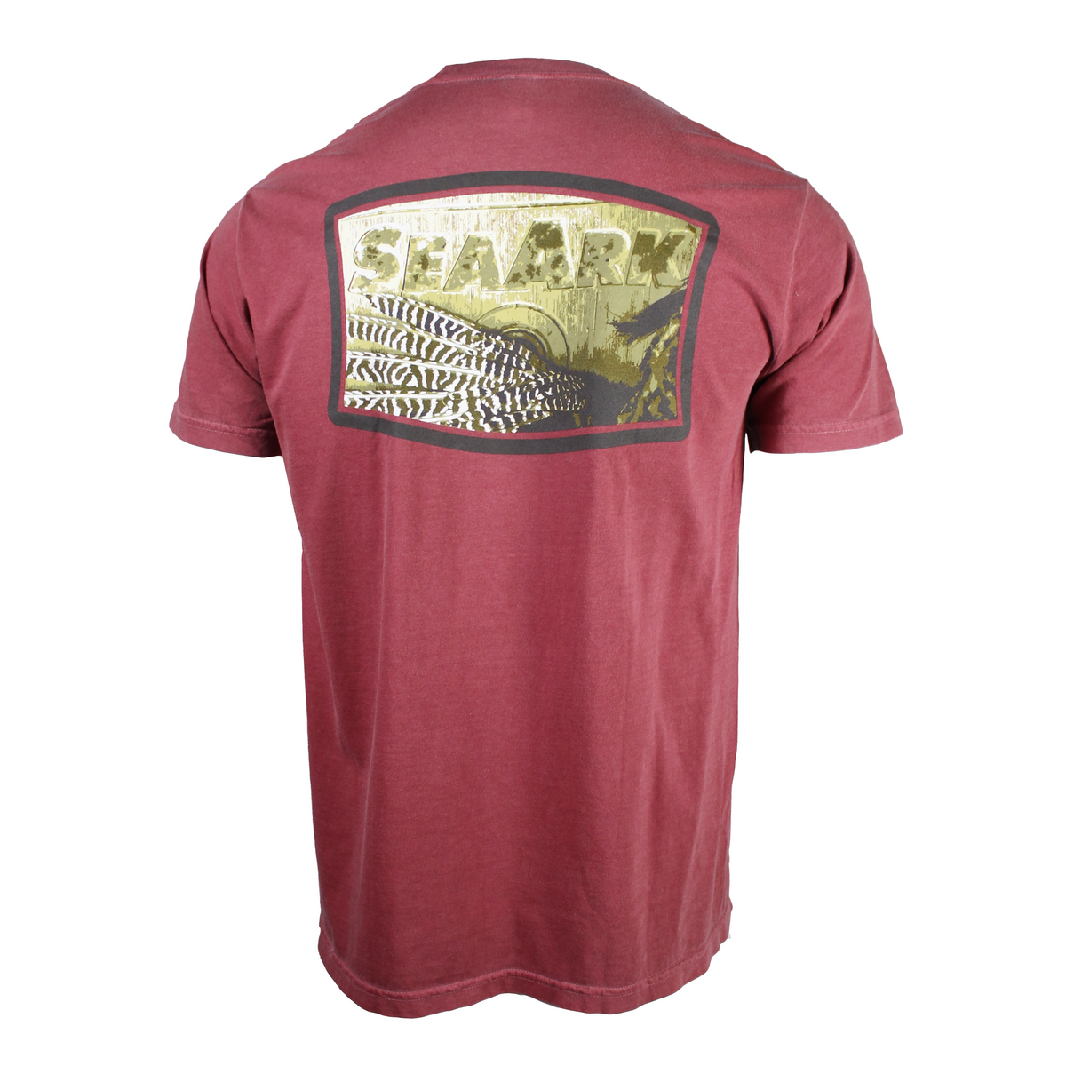 A maroon short-sleeve t-shirt shown from the back, featuring a large graphic print of a feather and the word 'SEAARK' in distressed olive-green lettering.