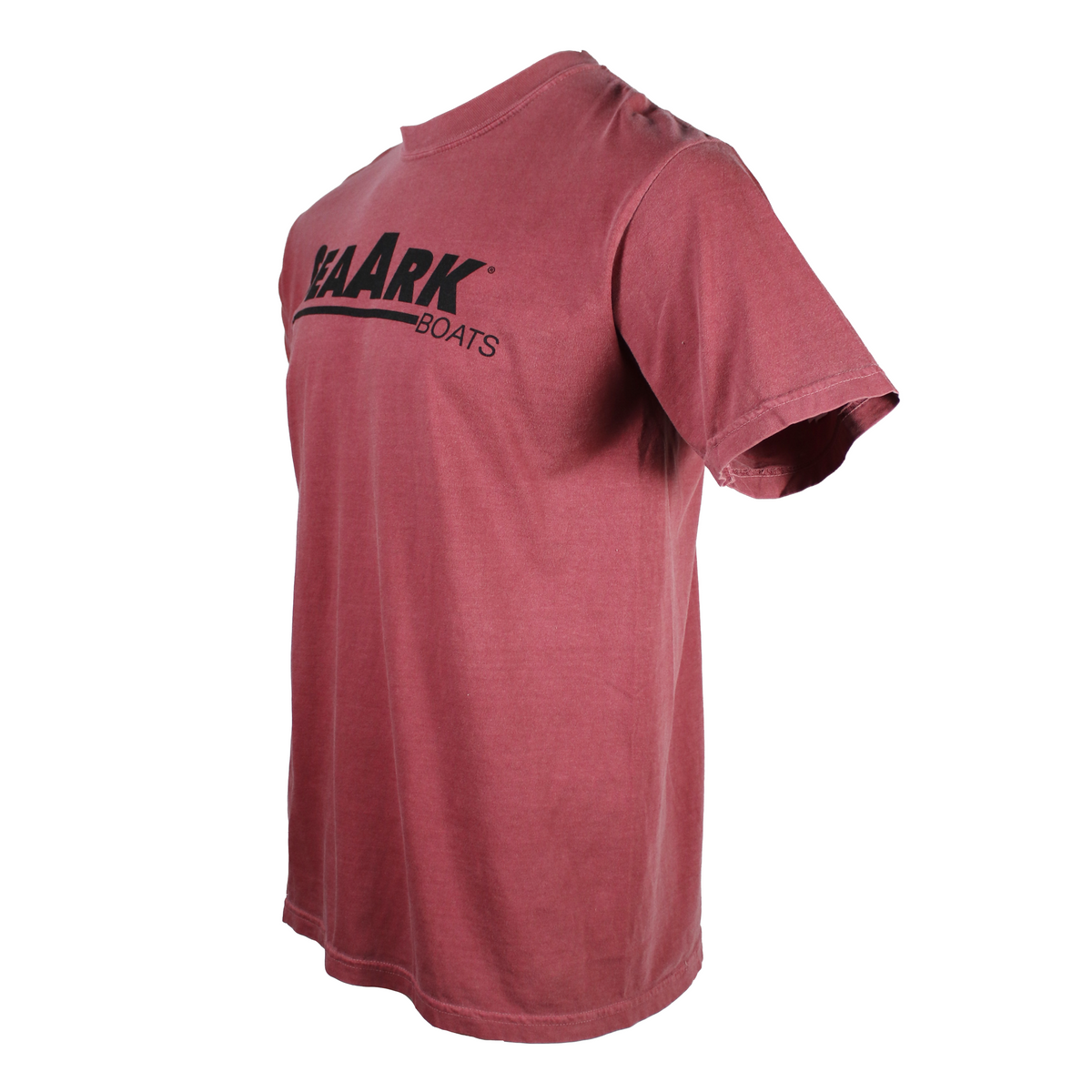 A heathered red short-sleeve t-shirt with a black 'SEAK ARK BOATS' logo printed across the upper chest, shown from a three-quarters angle on a white background.