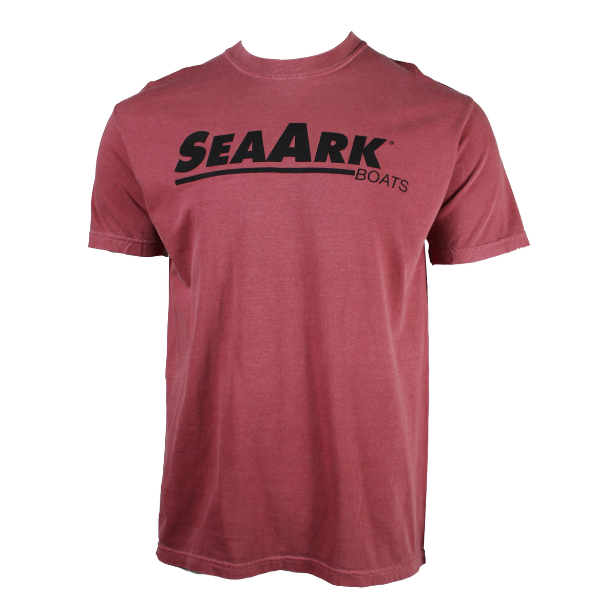 A short-sleeve crewneck t-shirt in a washed, heathered red color, featuring the 'SEA ARK BOATS' logo printed in black across the chest.