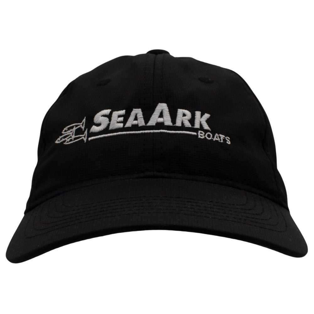 Front of a black baseball cap with 'SEAARK BOATS' embroidered in white on the front.