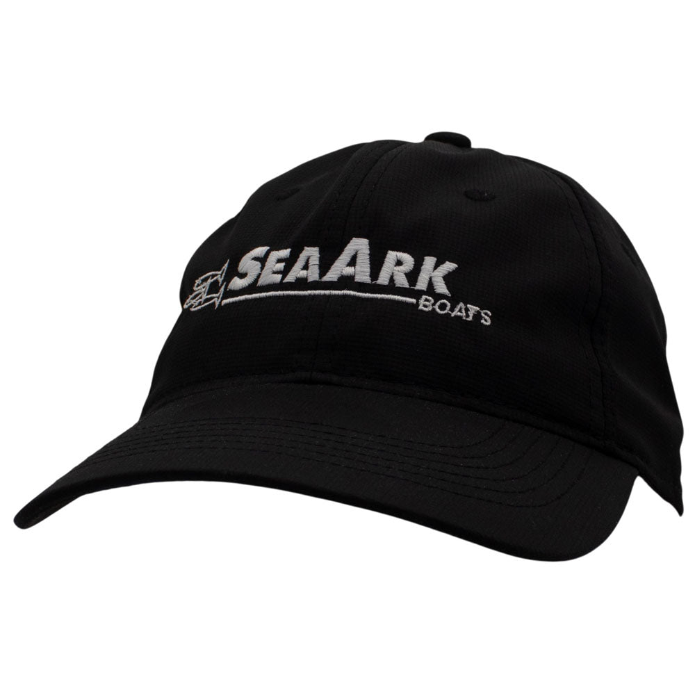 A black baseball cap with 'SEAARK BOATS' embroidered in white on the front, shown against a plain white background.