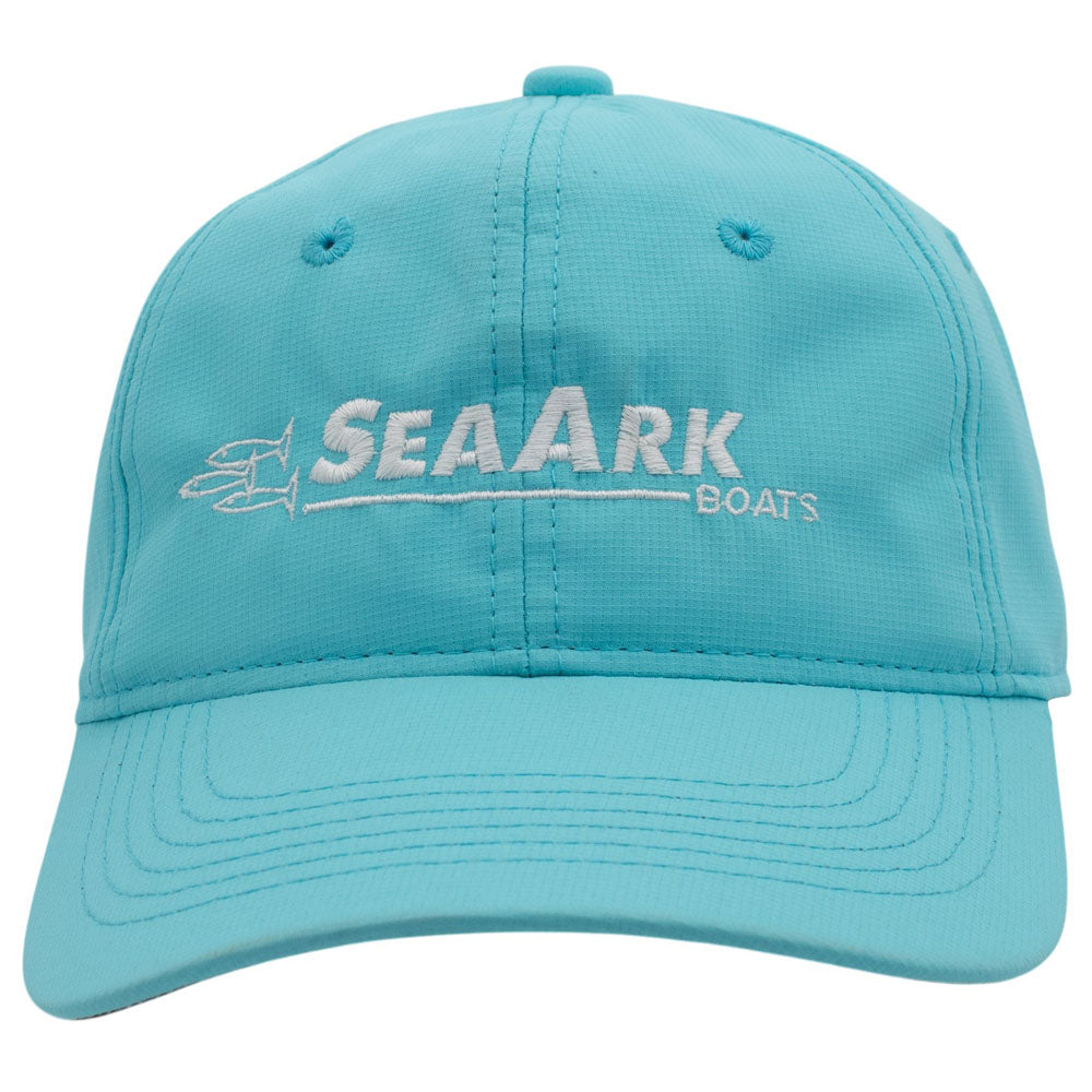 Front of a light blue baseball cap with 'SEAARK BOATS' embroidered in white on the front.