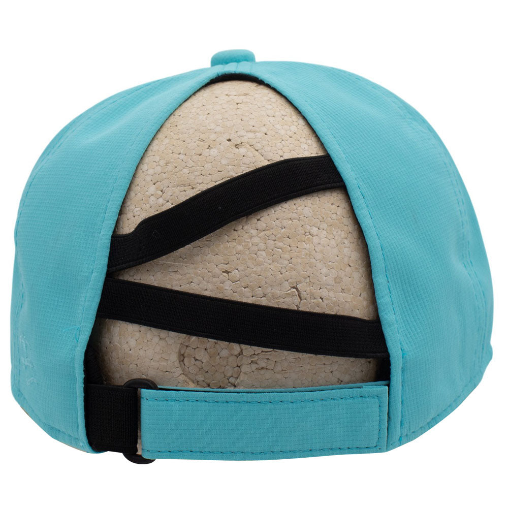Back of a light teal blue baseball cap with a unique crisscross strap designed for ponytails, displayed on a beige foam mannequin head against a white background.