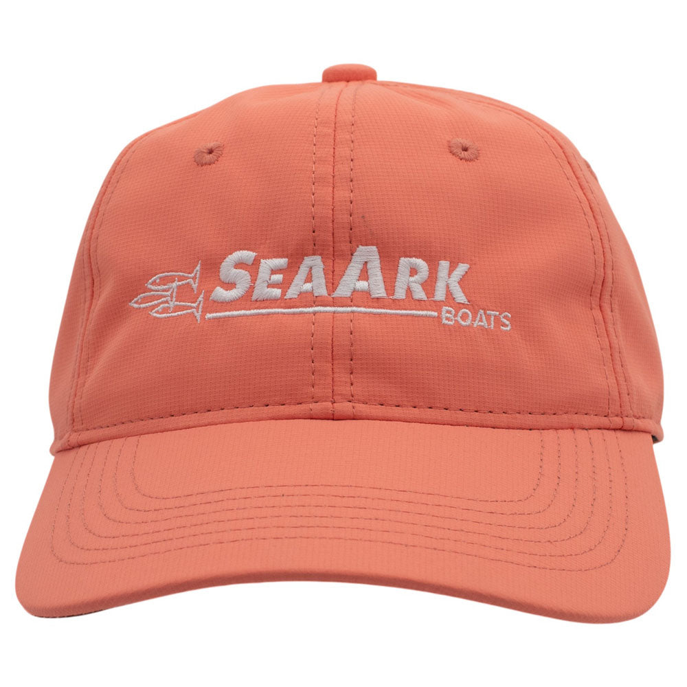 Front of a light peach baseball cap with 'SEAARK BOATS' embroidered in white on the front.