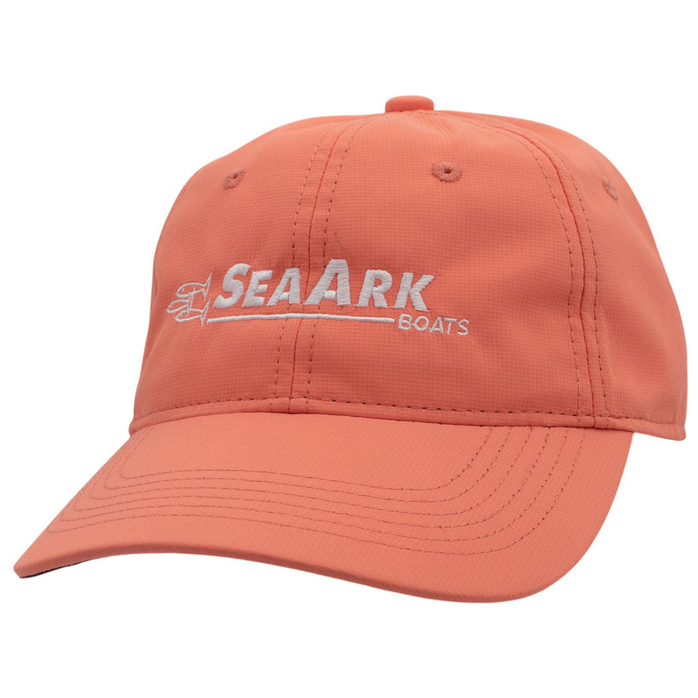 A light coral baseball cap with 'SEAARK BOATS' embroidered in white on the front, shown against a plain white background.
