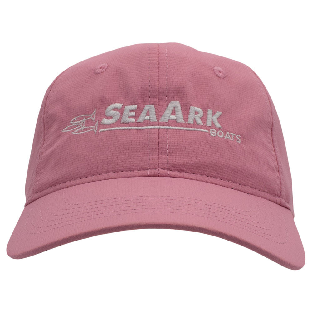 Front of a pink baseball cap with 'SEAARK BOATS' embroidered in white on the front.