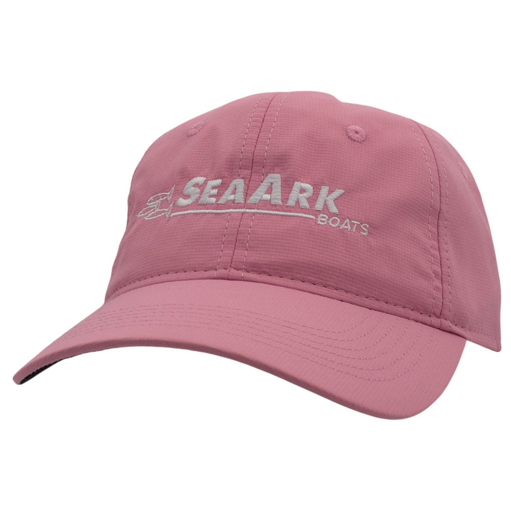 A light pink baseball cap with 'SEAARK BOATS' embroidered in white on the front, shown against a plain white background.