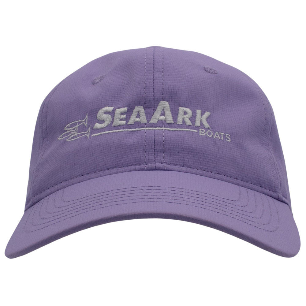 Front of a light purple baseball cap with 'SEAARK BOATS' embroidered in white on the front.