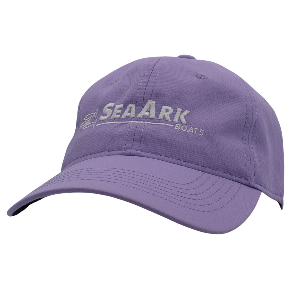 A light purple baseball cap with 'SEAARK BOATS' embroidered in white on the front, shown against a plain white background.