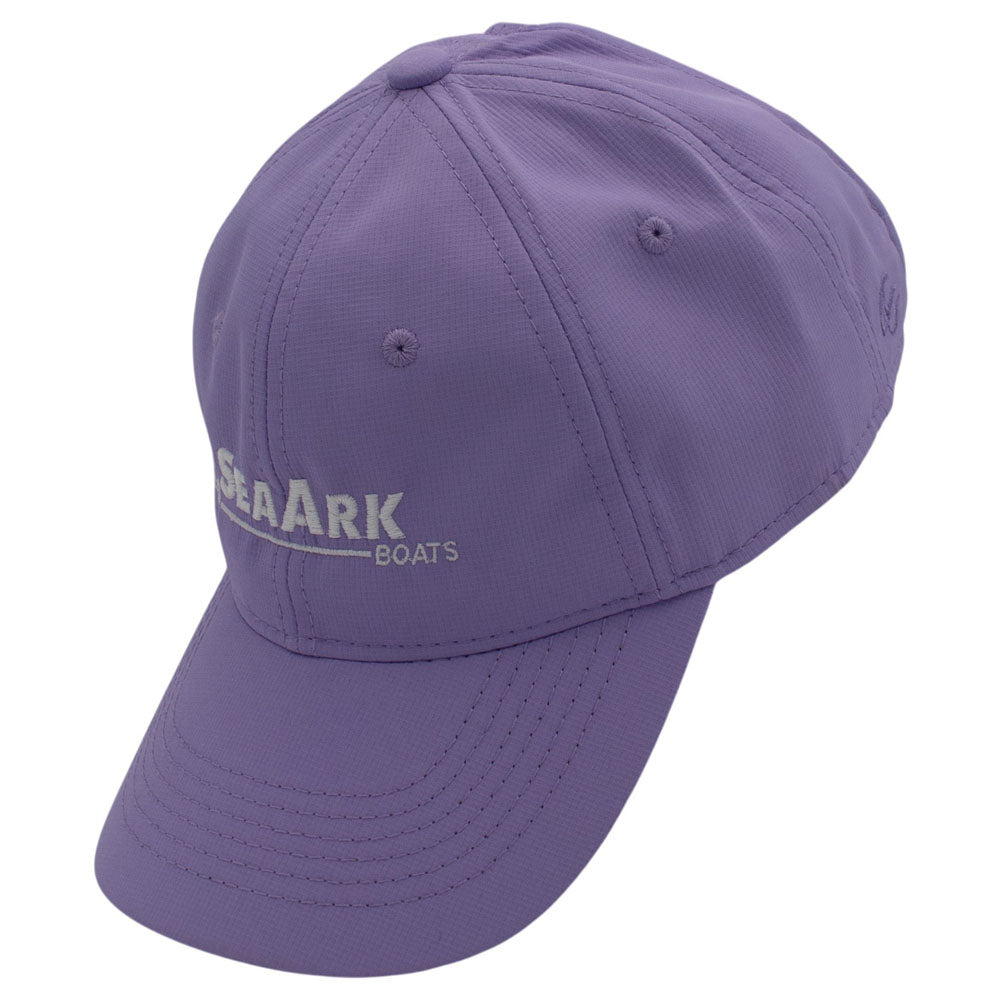 Side of a purple baseball cap with a white logo embroidered on the front.