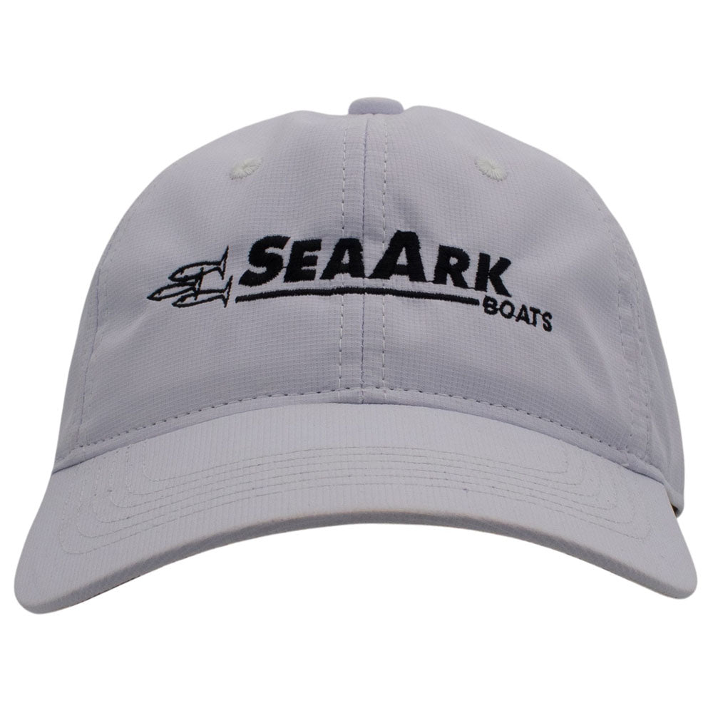 Front of a white baseball cap with 'SEAARK BOATS' embroidered in black on the front.