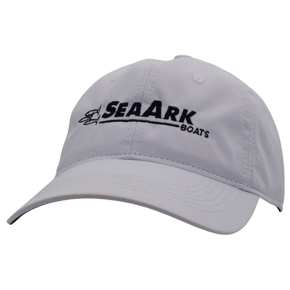 A white baseball cap with 'SEAARK BOATS' embroidered in black on the front, shown against a plain white background.