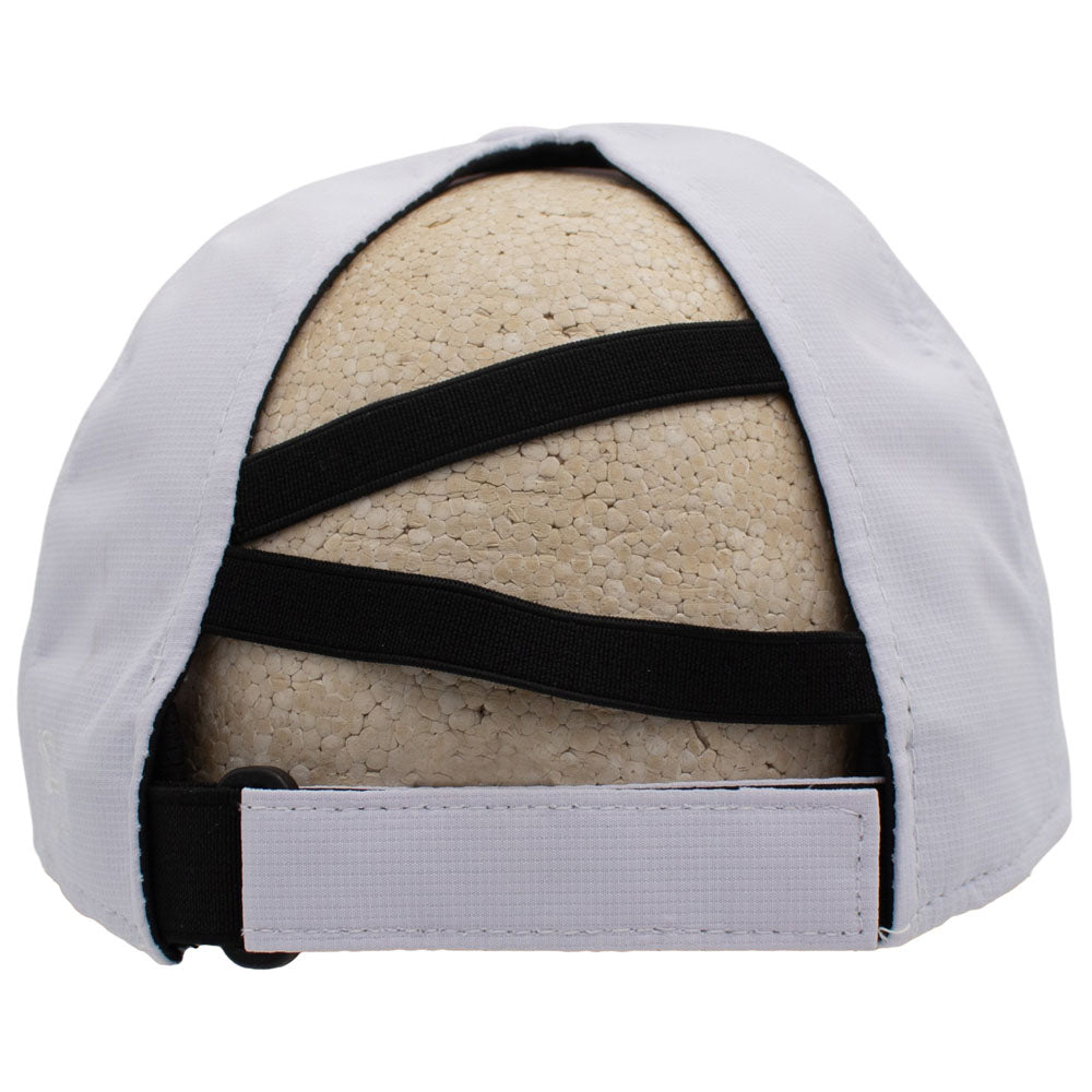 Back of a white baseball cap with a unique crisscross strap designed for ponytails, displayed on a beige foam mannequin head against a white background.