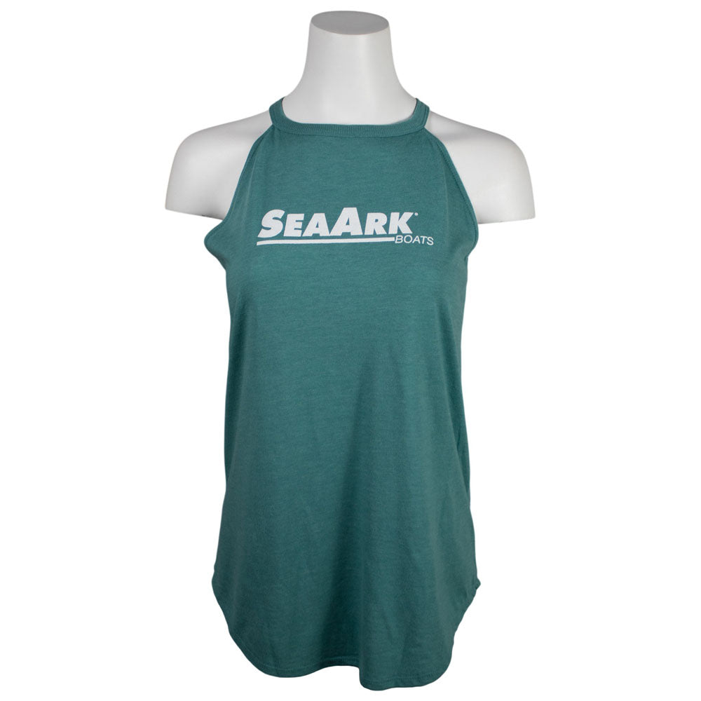 A teal green halter tank top with a white 'SEAARK BOATS' logo printed across the chest, displayed on a white mannequin torso against a plain white background.