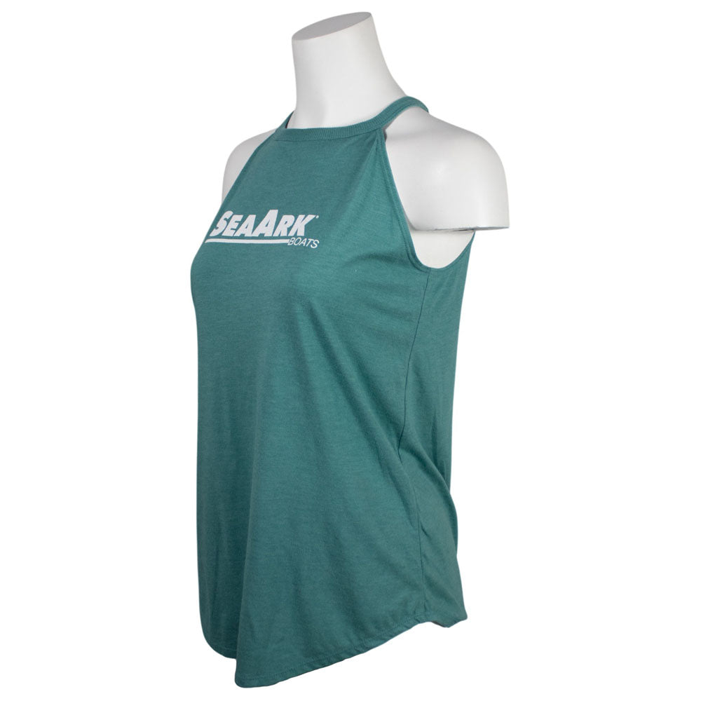 Side of a teal green halter tank top with a white 'SEAARK SCOUTS' logo printed on the chest.