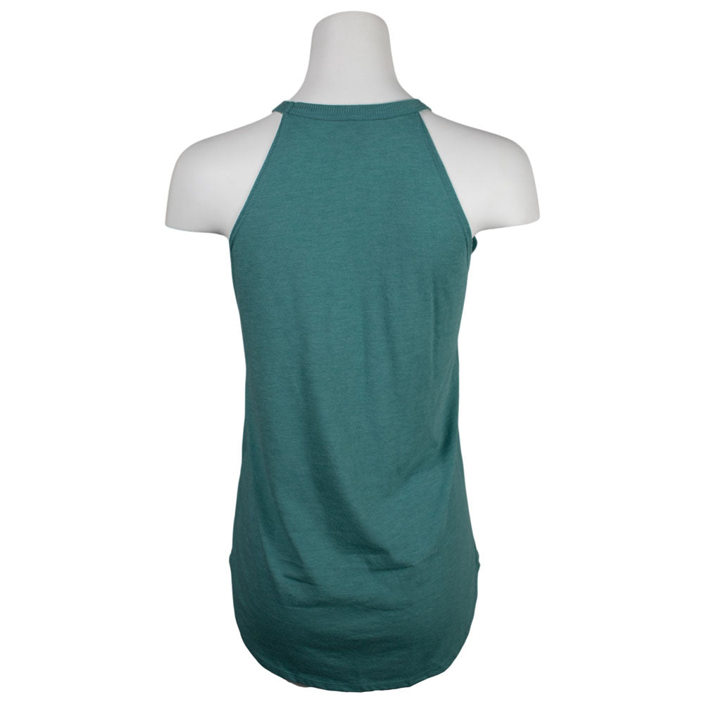 A sleeveless halter-neck tank top in a heathered teal green color, shown from the back.