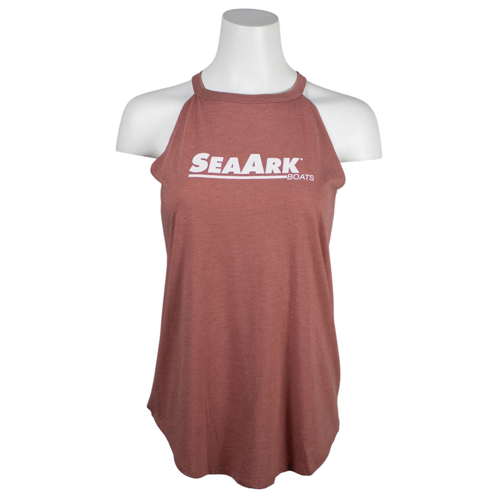 A mauve pink halter tank top with a white 'SEAARK BOATS' logo printed across the chest, displayed on a white mannequin torso against a plain white background.