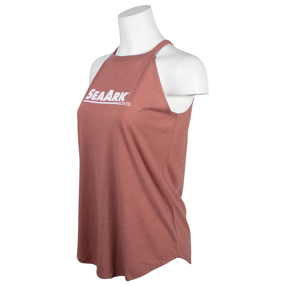 Side of a mauve pink halter tank top with a white 'SEAARK SCOUTS' logo printed on the chest.