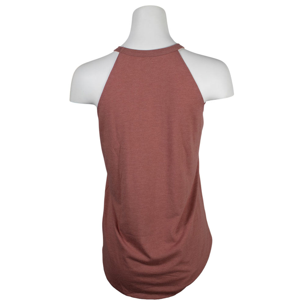 A sleeveless halter-neck tank top in a heathered pink color, shown from the back.
