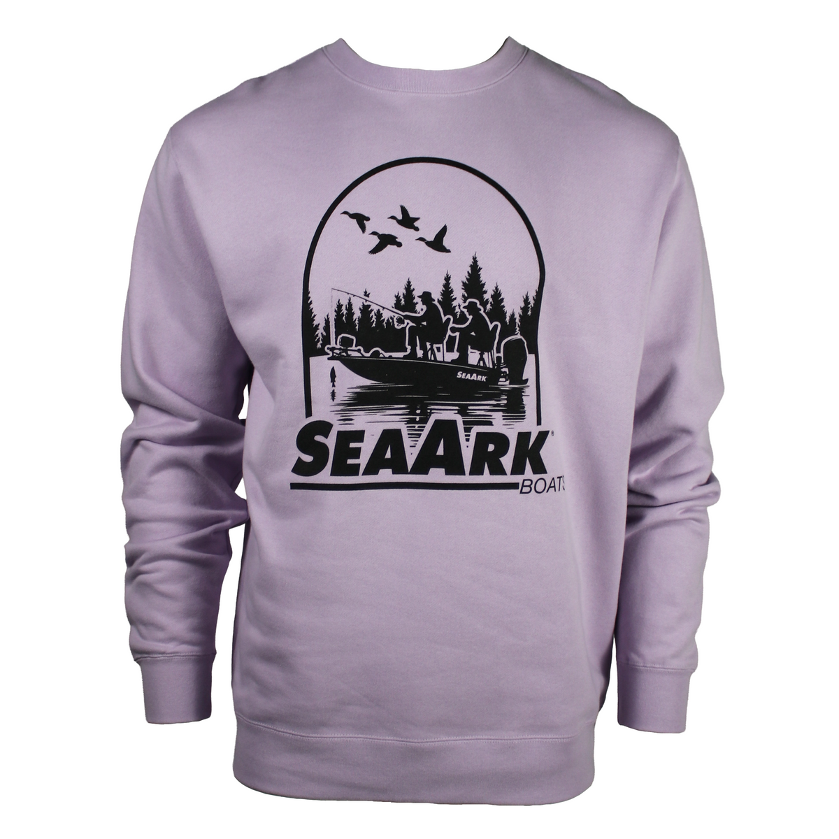 A light purple crewneck sweatshirt featuring a black graphic print of a fishing boat on the water with trees, flying ducks, and the text 'SEA ARK BOATS'.