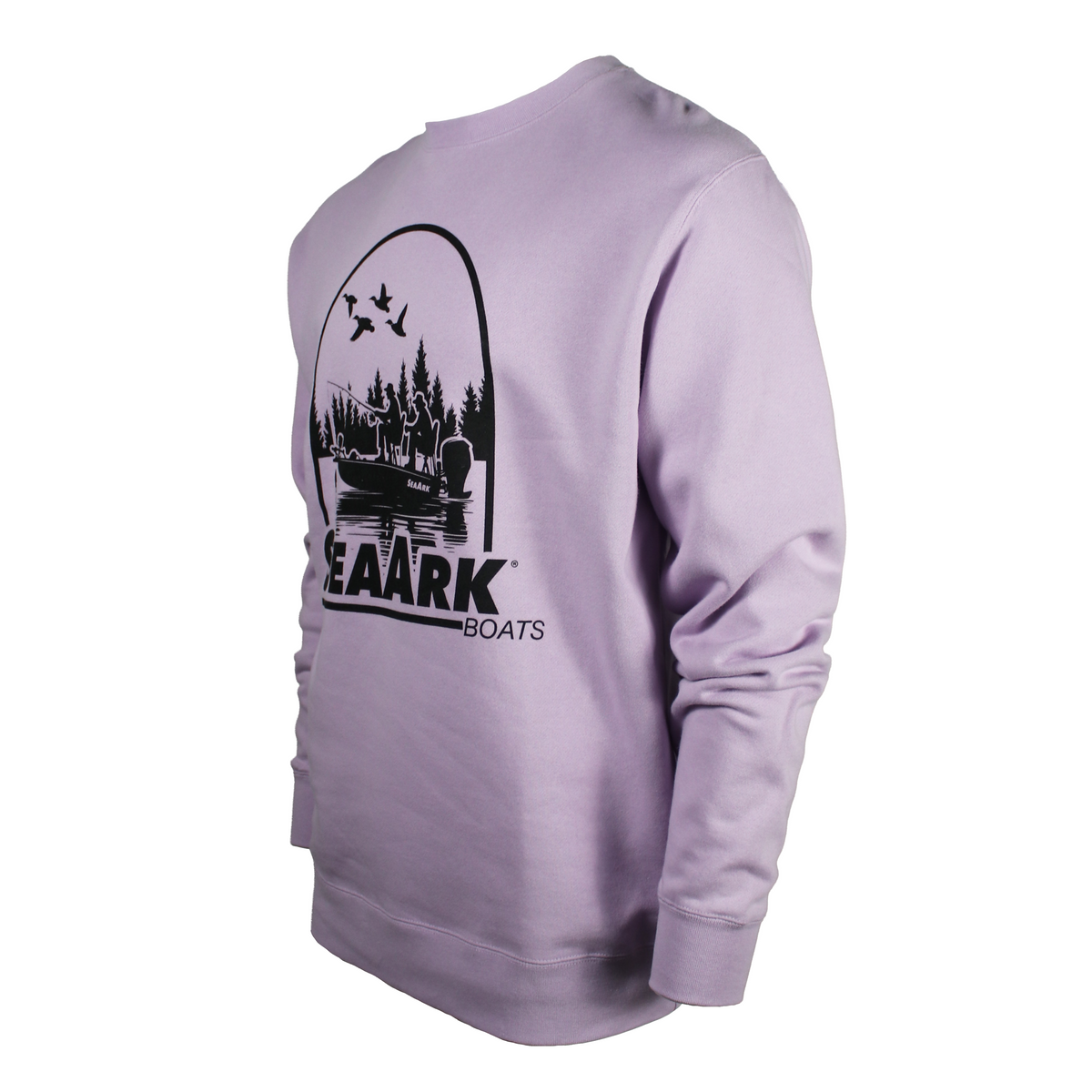 Side of a light purple crewneck sweatshirt featuring a black graphic print on the front.