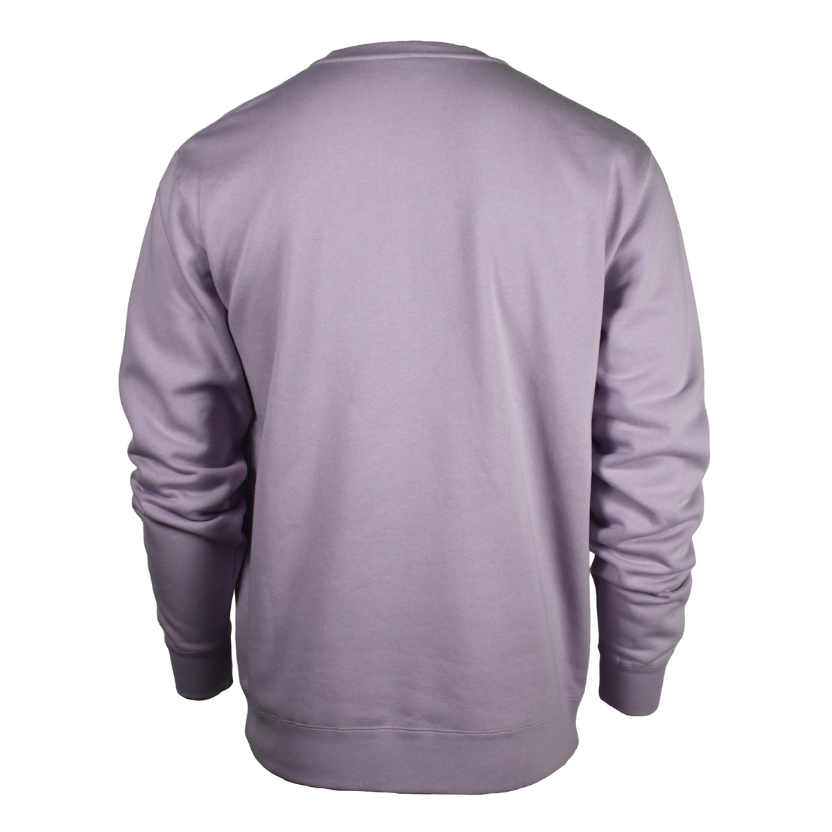 Back of a light purple crewneck sweatshirt shown from the back.