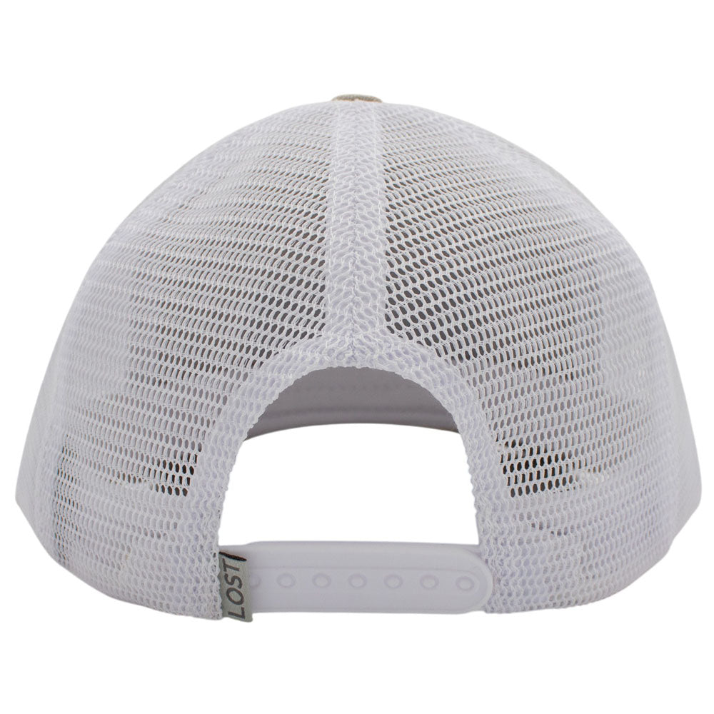 White mesh trucker cap shown from the back, featuring a white plastic snap closure and a small 'LOST' brand tag on the side.