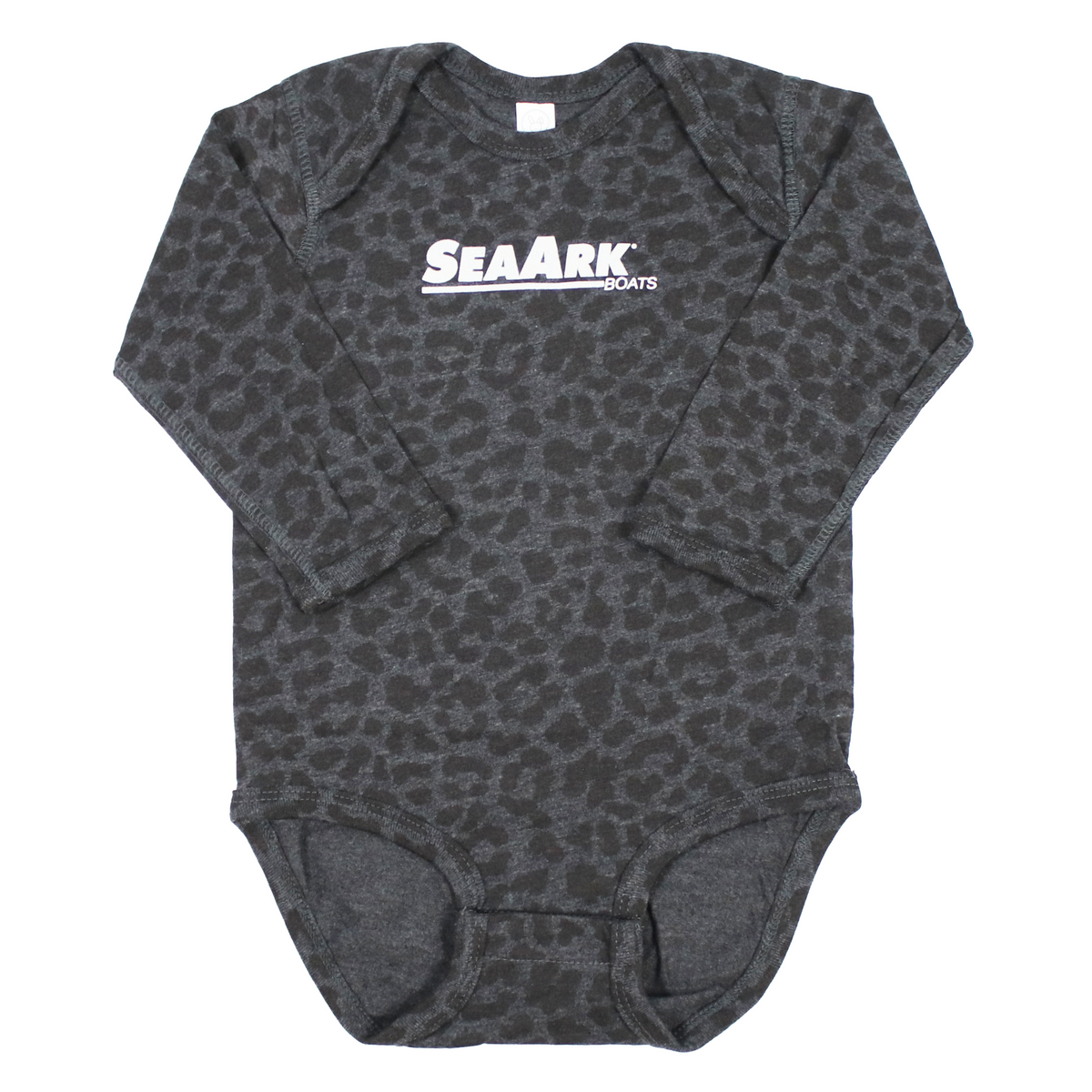 A long-sleeve baby bodysuit in dark gray with a subtle leopard print pattern and a white 'SEAARK BOATS' logo across the chest, displayed flat against a white background.