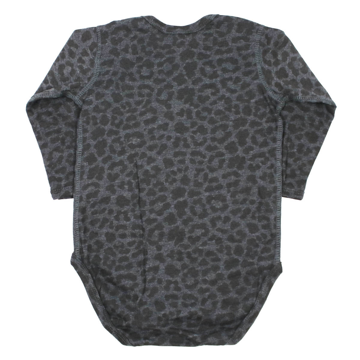 Back of a long-sleeve baby bodysuit with a dark gray and black leopard print pattern, shown flat against a white background.