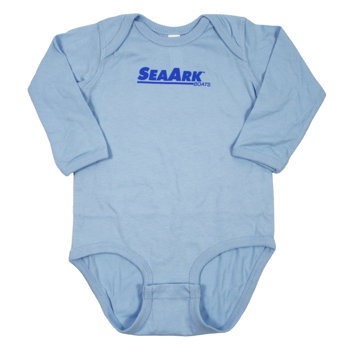 A light blue long-sleeve baby bodysuit with 'SEAARK BOATS' printed in blue across the chest, displayed flat against a white background.