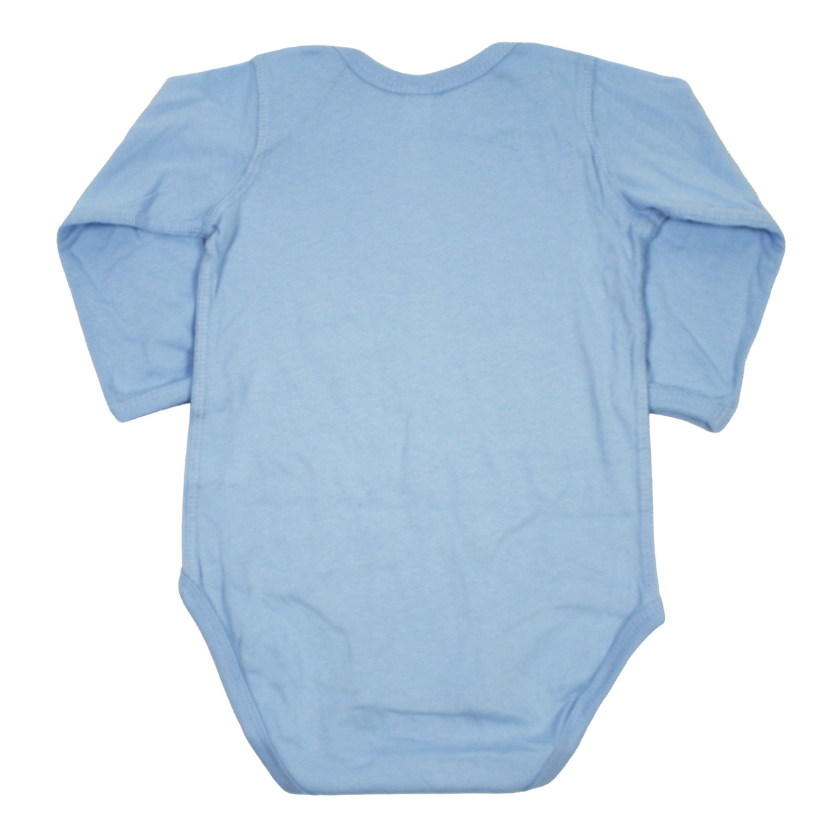 Back of a light blue long-sleeve baby bodysuit.
