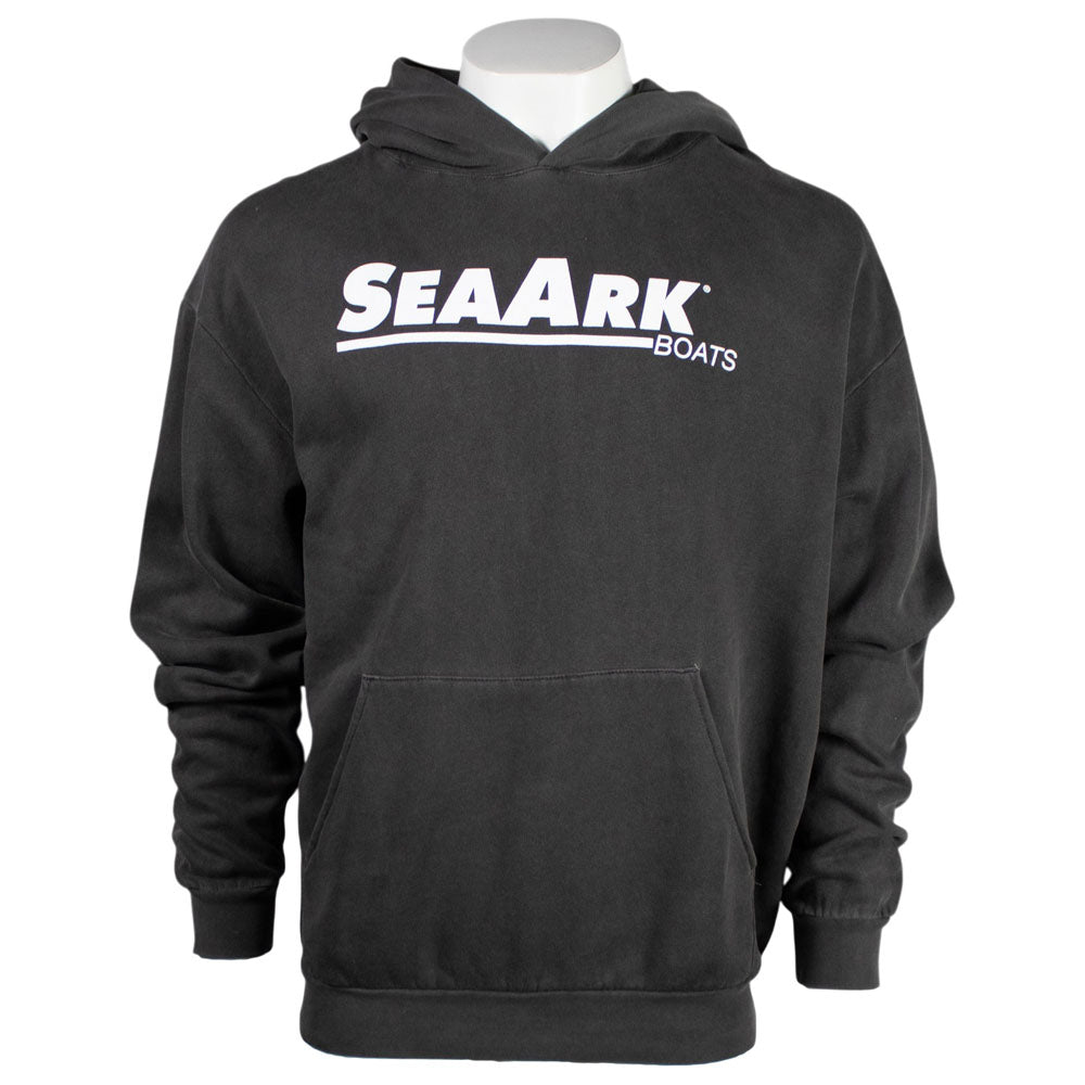 A faded black hooded sweatshirt displayed on a white mannequin torso against a plain white background. The hoodie features the text 'SEAARK BOATS' printed in white across the chest.