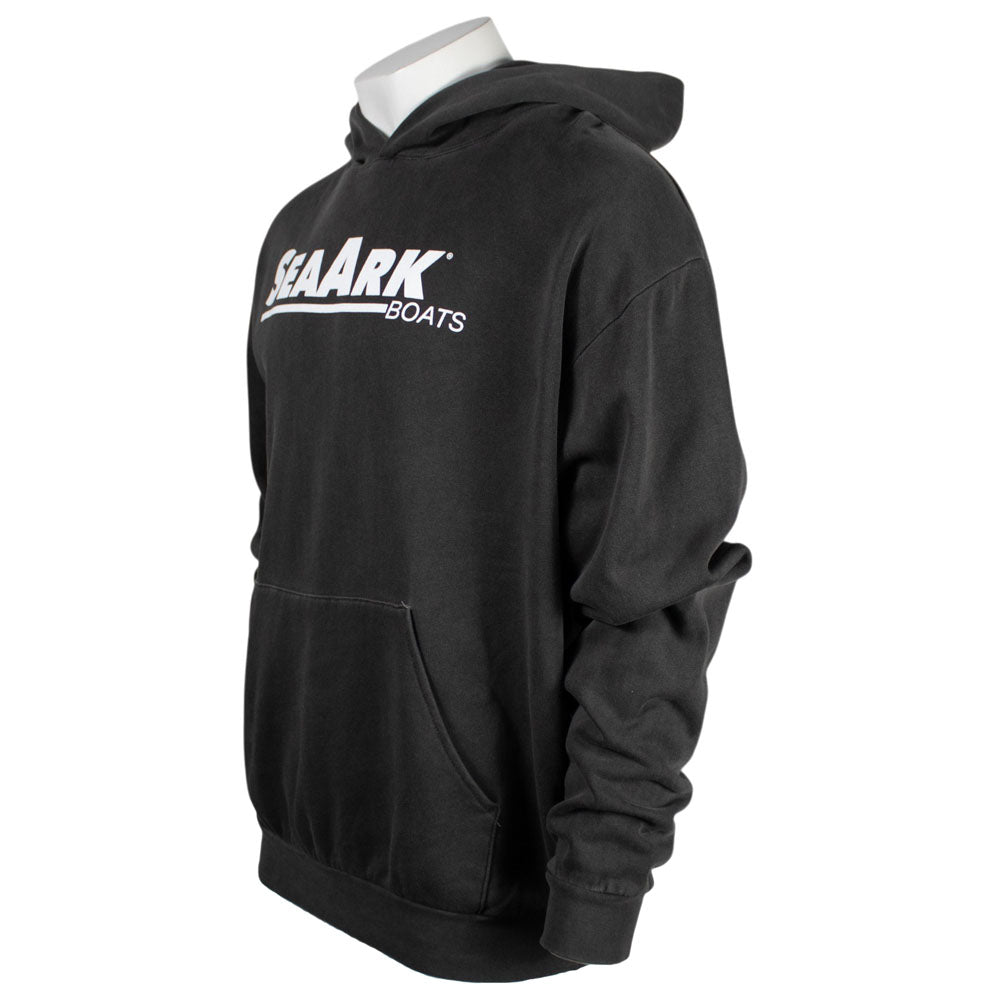 Side of a faded black hooded sweatshirt  featuring the text 'SEAARK BOATS' printed in white across the chest.