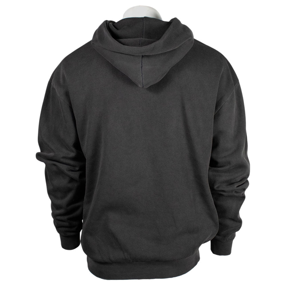 A dark gray pullover hoodie shown from the back on a mannequin torso against a plain white background.