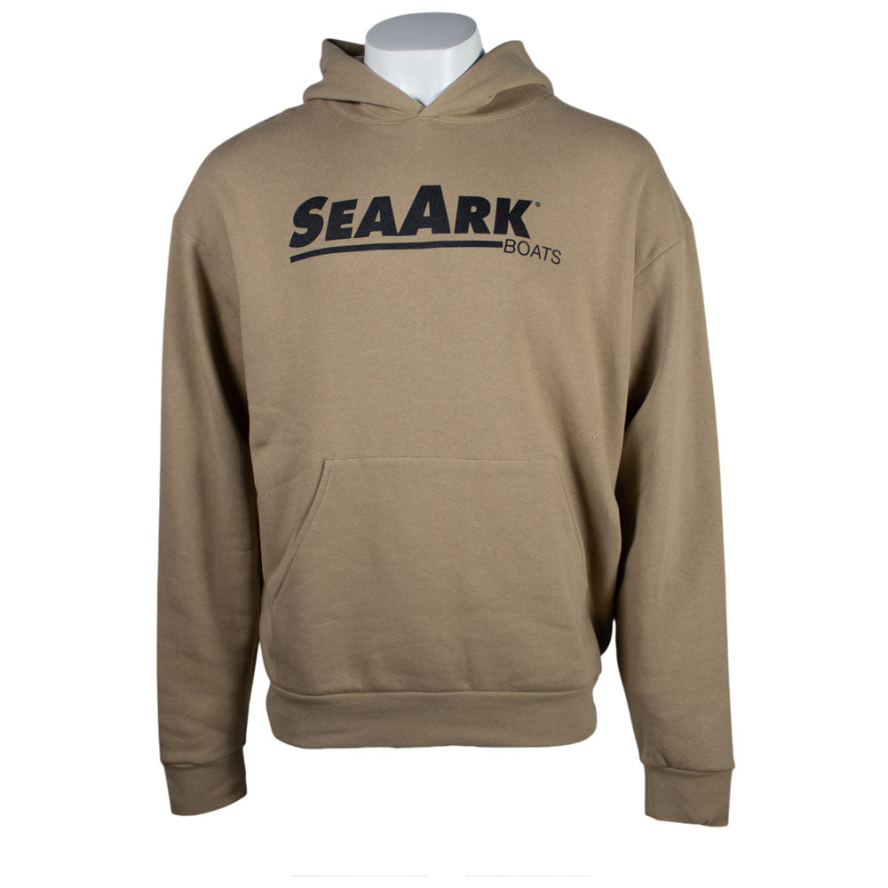 A beige hooded sweatshirt displayed on a white mannequin torso against a plain white background. The hoodie features the text 'SEAARK BOATS' printed in black across the chest.