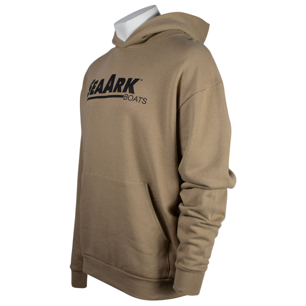 Side of a tan hooded sweatshirt featuring the text 'SEAARK BOATS' printed in black across the chest.