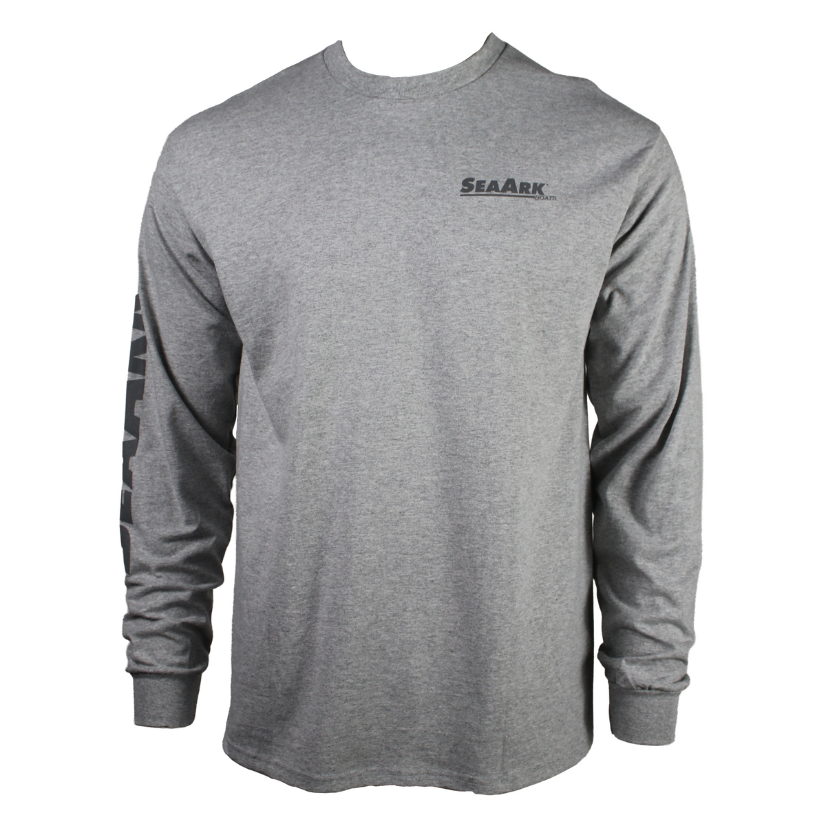 A heather grey long-sleeve crewneck t-shirt with a dark grey 'SEAARK' logo printed on the left chest, displayed on a clean white background.