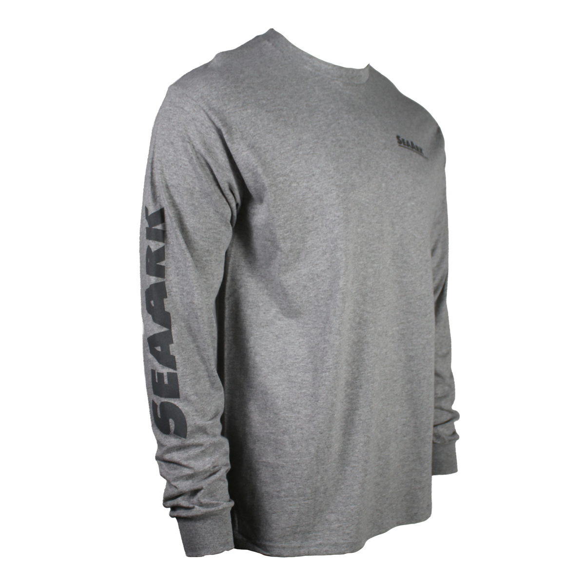 Side of a heather grey long-sleeve t-shirt with 'SEAARK' printed vertically in dark grey on the left sleeve and a small logo on the right chest, shown on a plain white background.