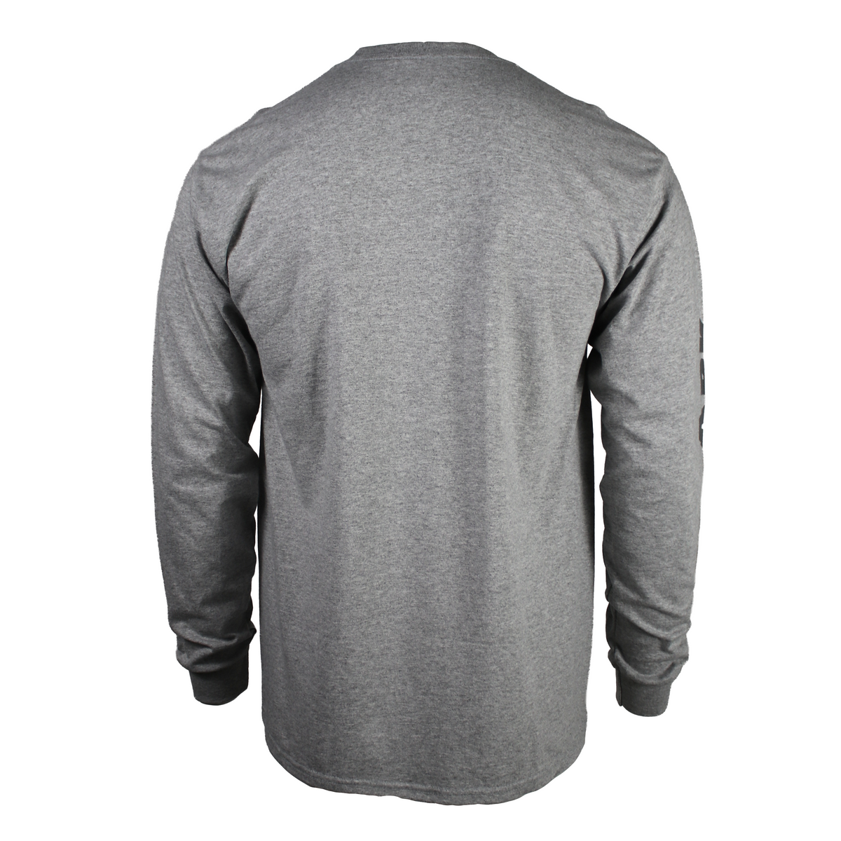 Back of a heather grey long-sleeve t-shirt shown from the back.