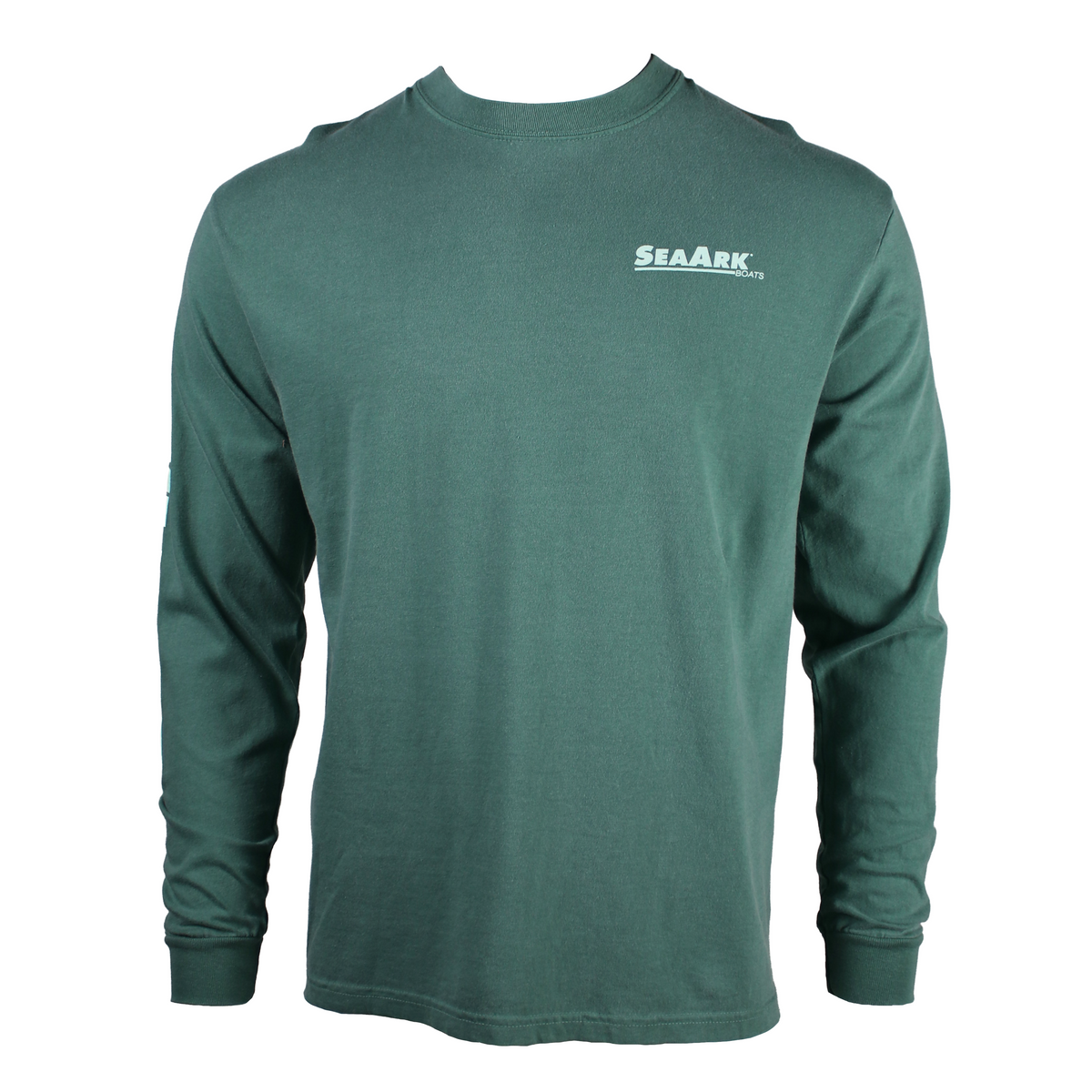 A dark green long-sleeve crewneck t-shirt with a light green 'SEAARK' logo printed on the left chest, displayed on a clean white background.