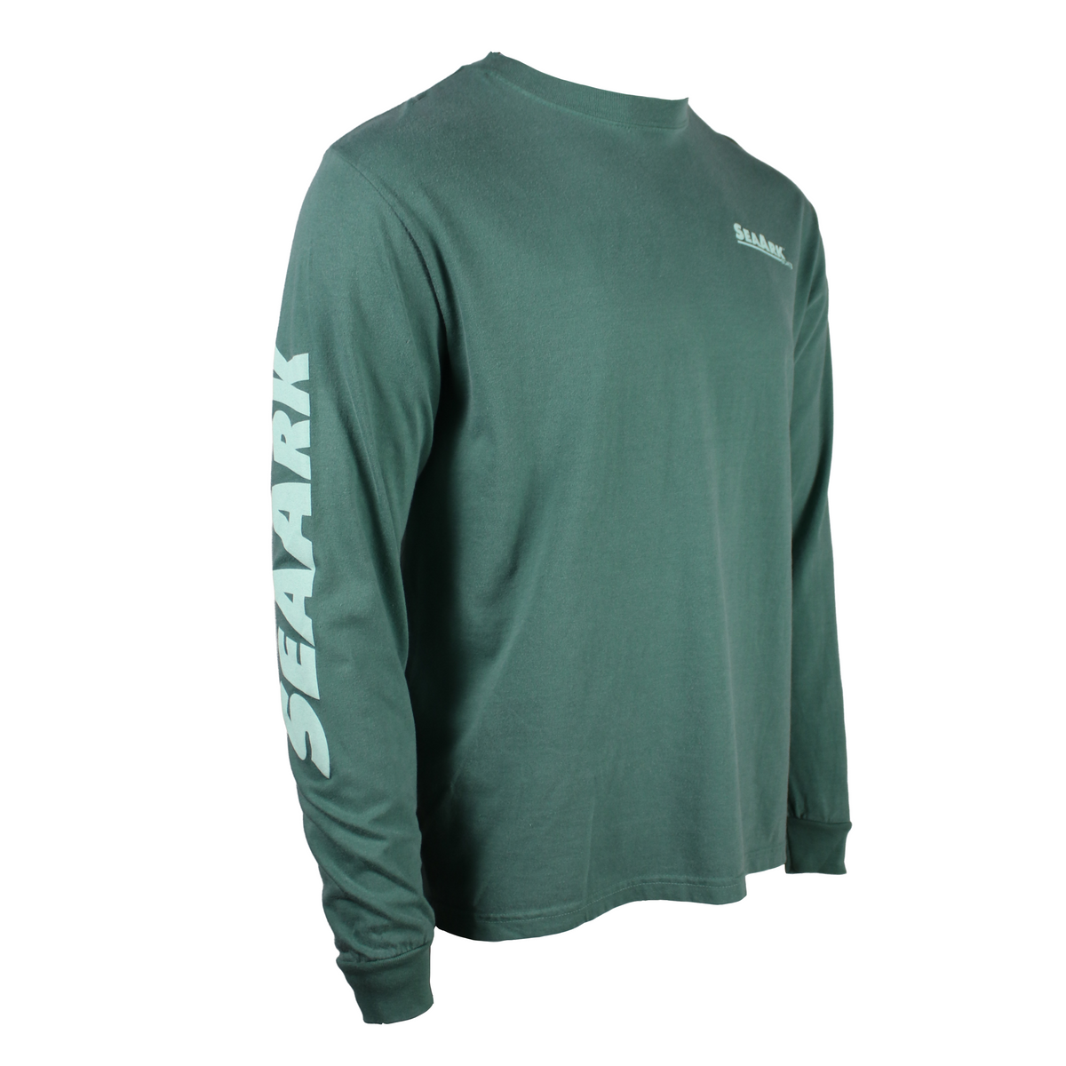 Side of a dark green long-sleeve t-shirt with 'SEAARK' printed vertically in light green on the left sleeve and a small logo on the right chest, shown on a plain white background.