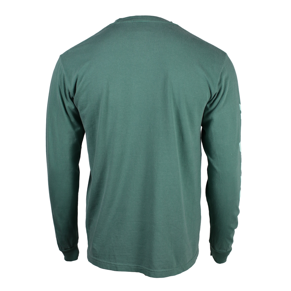 Back of a dark green long-sleeve t-shirt shown from the back.