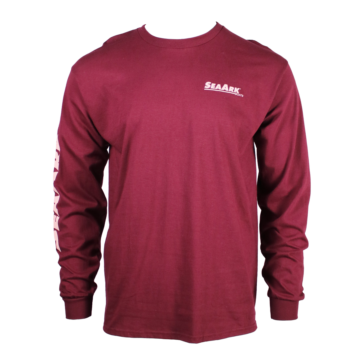 A maroon long-sleeve crewneck t-shirt with a light pink 'SEAARK' logo printed on the left chest, displayed on a clean white background.