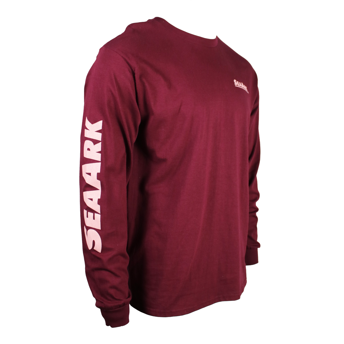 Side of a maroon long-sleeve t-shirt with 'SEAARK' printed vertically in light pink on the left sleeve and a small  logo on the right chest, shown on a plain white background.