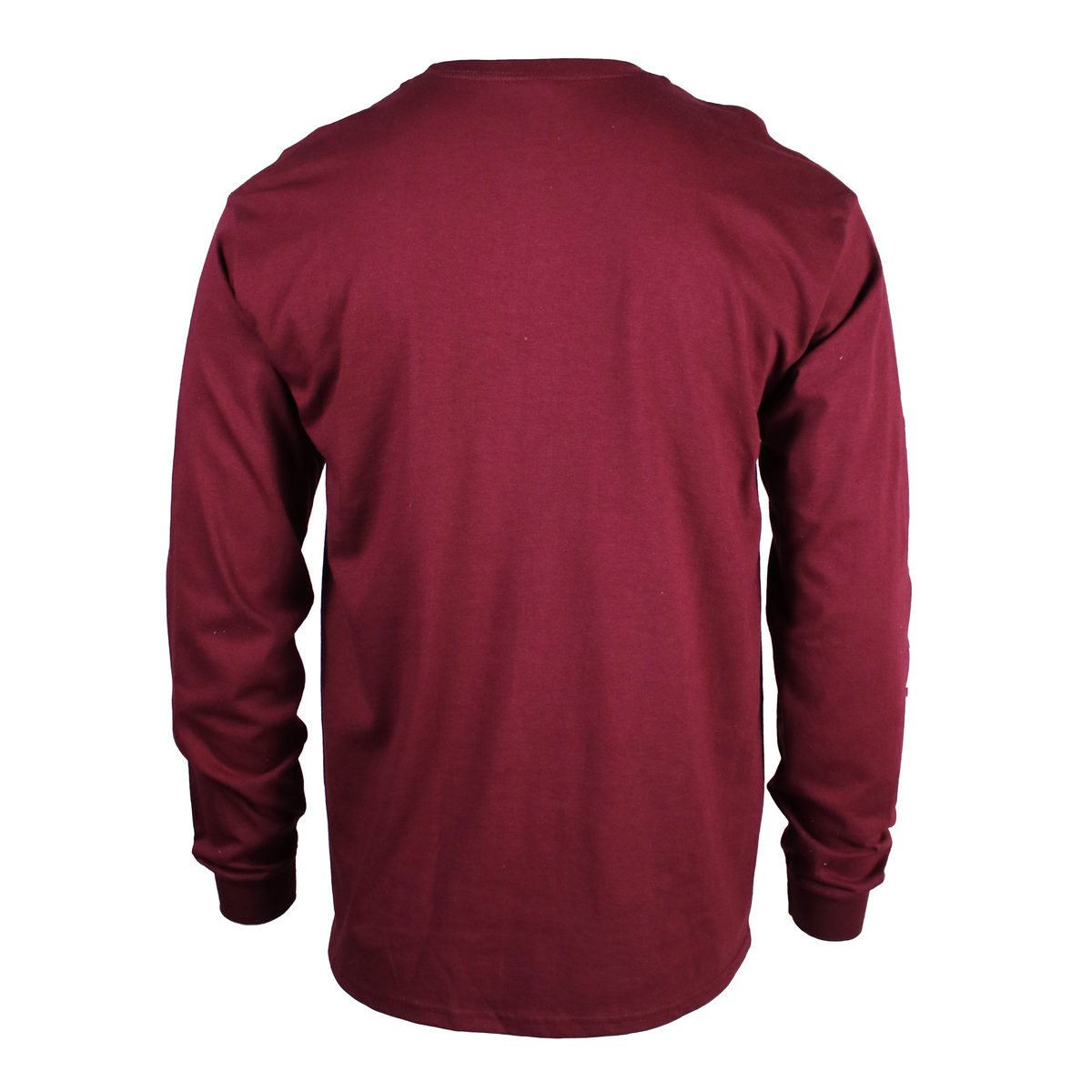 Back of a maroon long-sleeve t-shirt shown from the back.