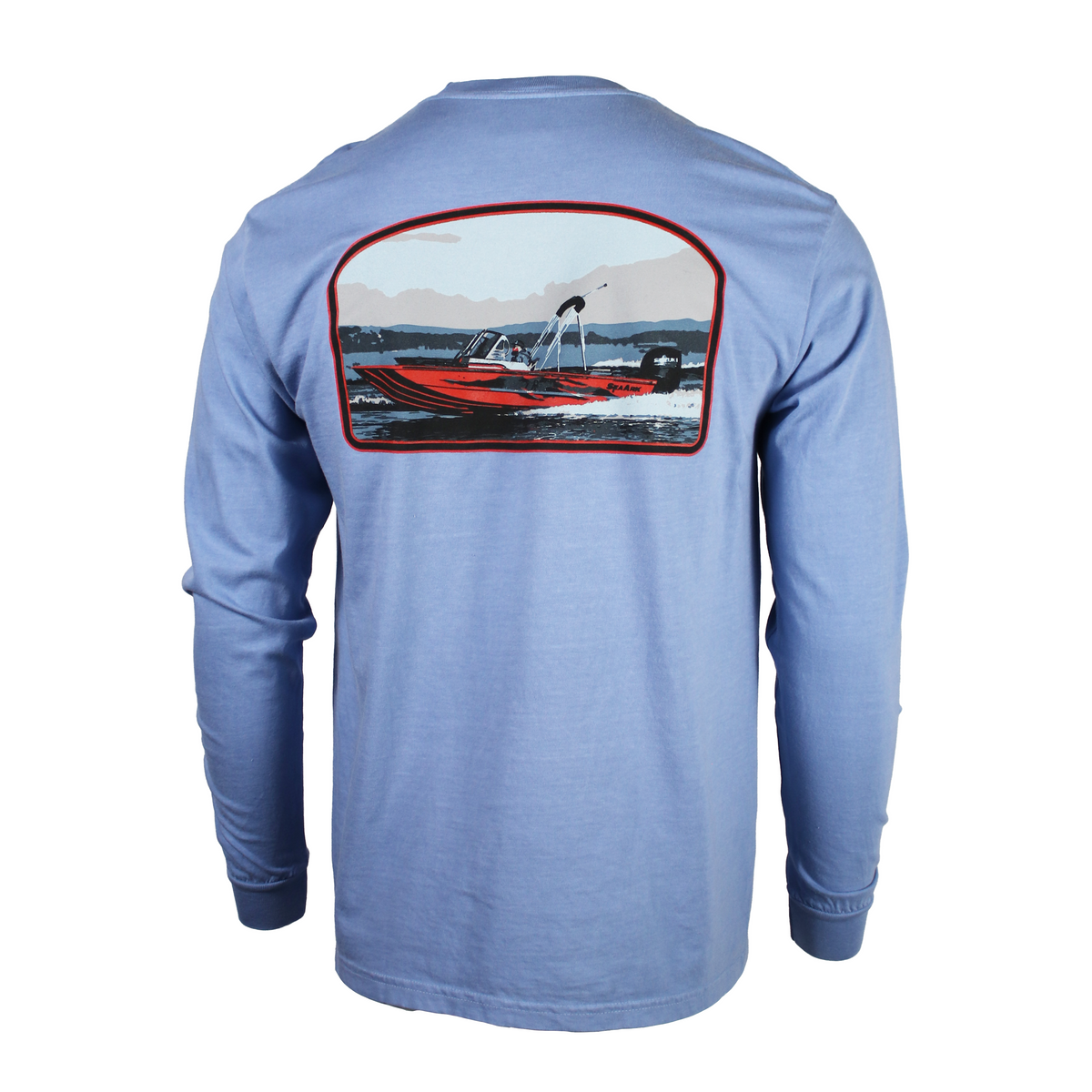A heathered light blue long-sleeve t-shirt shown from the back, featuring a large graphic print of a red and white speedboat on the upper back.