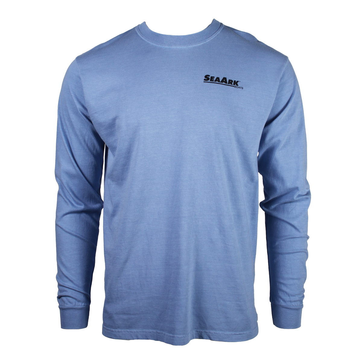 A long-sleeve crewneck t-shirt in a light blue color, featuring a small black 'SEA ARK' logo printed on the left chest, displayed on a clean white background.