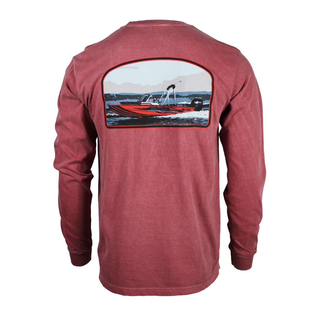 A heathered red long-sleeve t-shirt shown from the back, featuring a large graphic print of a red and white speedboat on the upper back.