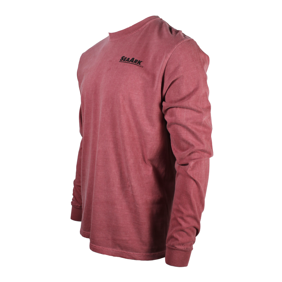 A heathered dusty rose long-sleeve t-shirt with a small black 'SEA ARK' logo printed on the left chest, shown from a three-quarters angle on a plain white background.