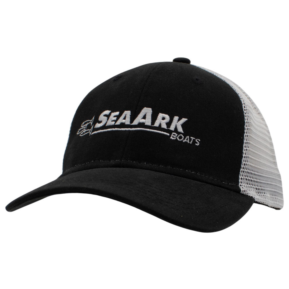 A black and white trucker hat with 'SEAARK BOATS' embroidered on the front in white.